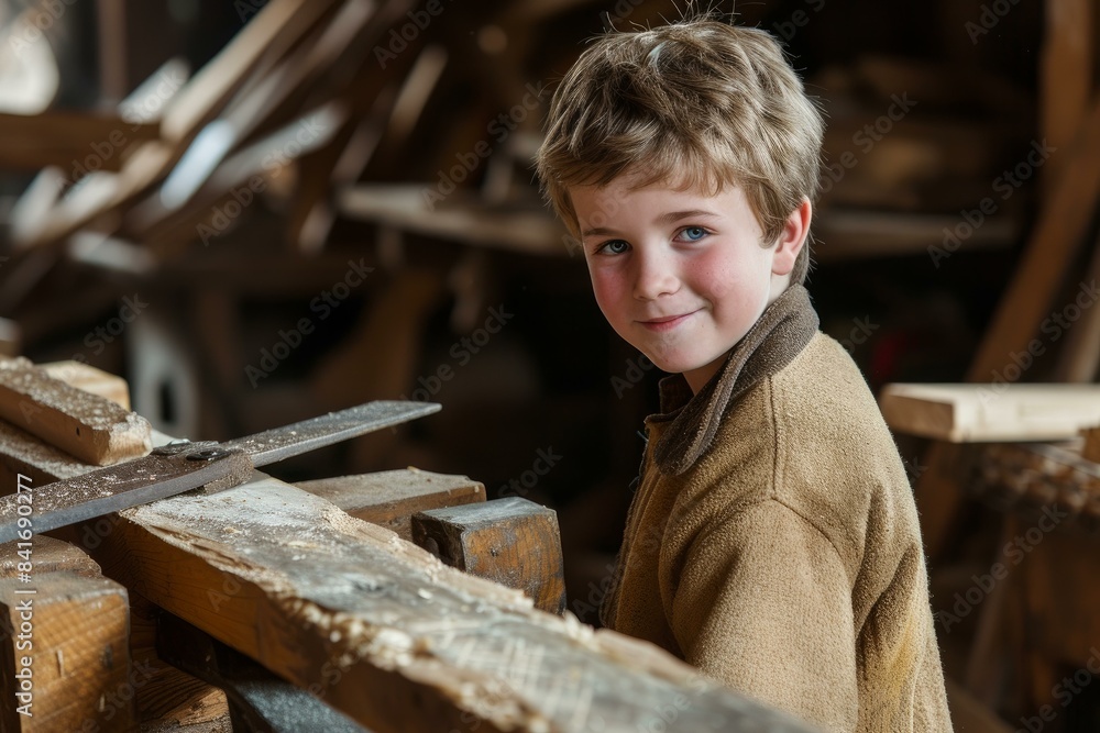 Cheerful young boy in a workshop surrounded by wood planks and tools looks at the camera Cheerful young boy in a workshop surrounded by wood planks and tools looks at the camera