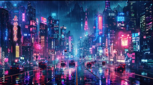 Futuristic cyberpunk city at night with glowing neon lights. generative AI image