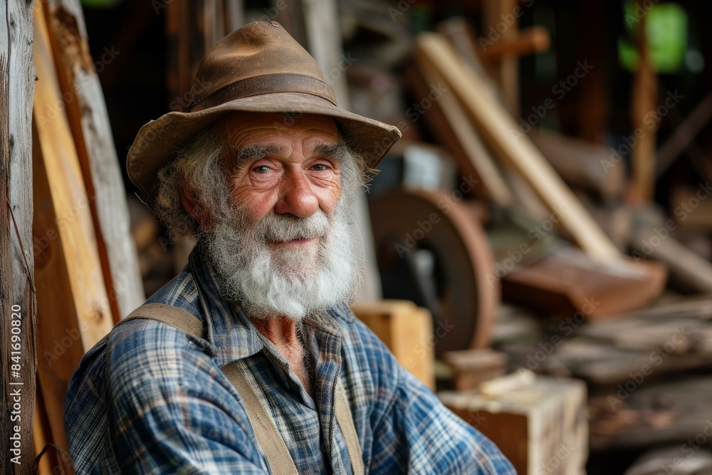 Portrait of a cheerful elderly man with a beard wearing a hat, smiling in his rustic woodworking shop Portrait of a cheerful elderly man with a beard wearing a hat, smiling in his rustic woodworking shop