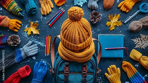 A top view of a backpack with winter essentials like gloves, a beanie, and a warm scarf, forming a circle around school supplies with clear copy space in the center.