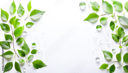 白背景にエコロジーな植物の葉 みずみずしい水滴の背景フレーム素材