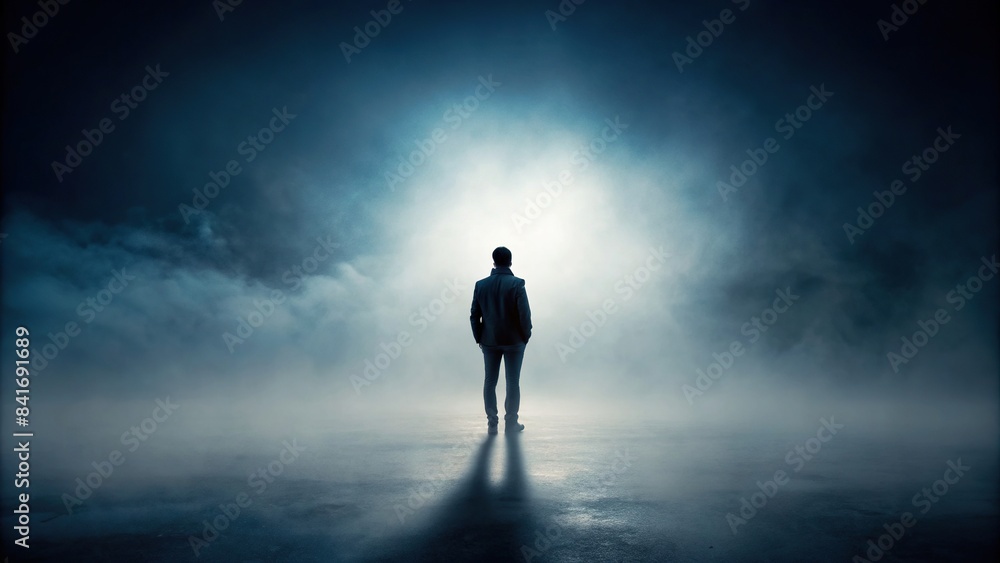 Silhouette of a person standing alone in thick fog, loneliness, depression, solitude, mist, atmosphere, mental health, sadness, silhouette, figure, gloomy, desolate, emotional, isolated, eerie