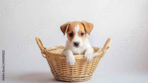 Cute puppy sitting in wicker basket looking curiously at camera. White background emphasizing the adorable and innocent expression of puppy © Bonsales