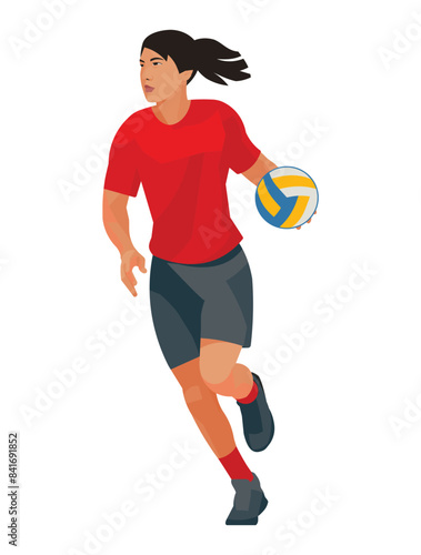 Vector isolated girl figure of a Chinese women's volleyball player in red t-shirt who runs with ball for throw it