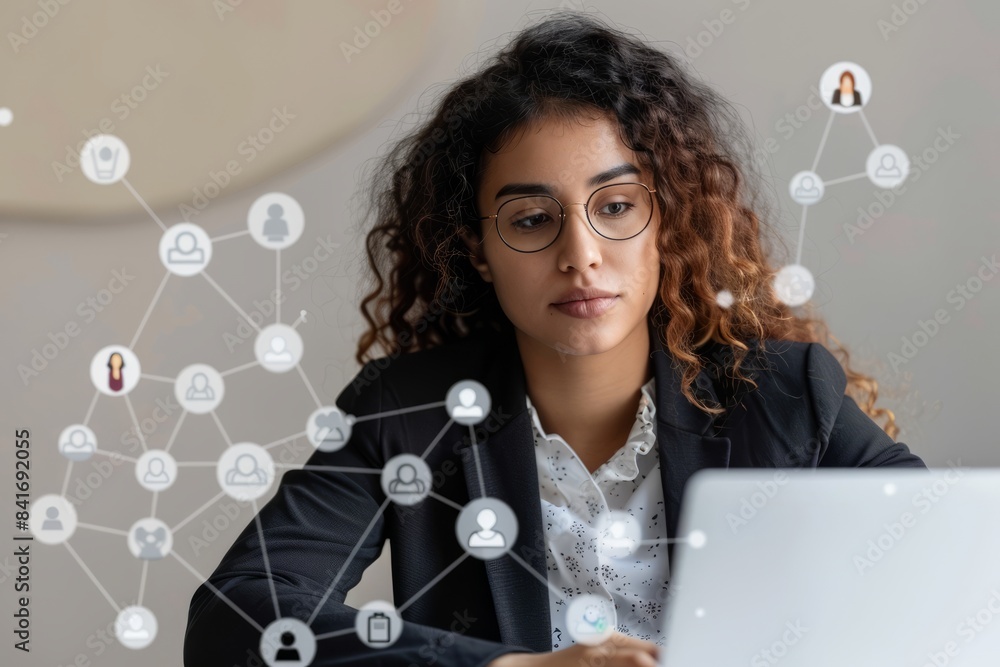 Mother and daughter in theHR, Human resource management concept, recruitment, leadership and team building. The businesswoman is working on her laptop, sunset