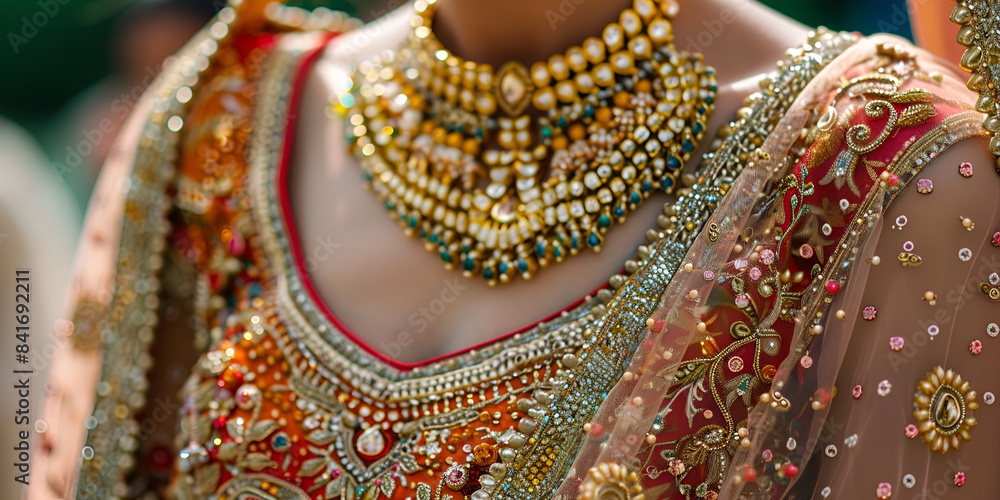 Obraz premium Hand Beaded Embroidery ,Chest of indian pakistani bride wear inlaid festive dress and massive golden necklace close up during henna mehndi sangeet ladies party night, Heritage, Opulence, Ensemble, 