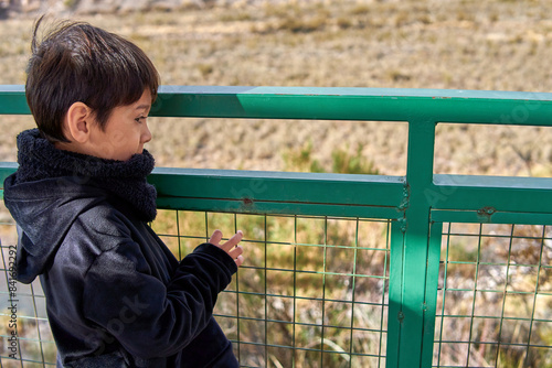 latin boy in thoughtful profile standing touching an iron railing © Lorena