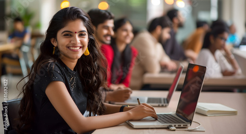 A young indian business people team sitting at a table using computers and having a meeting