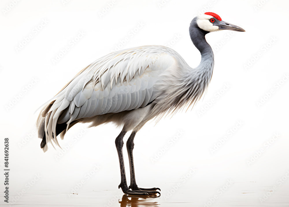 Fototapeta premium Crane bird full length walking on white background. Realistic animal bird clipart template pattern. Black and white Crane is tall, long-legged, long-necked bird.