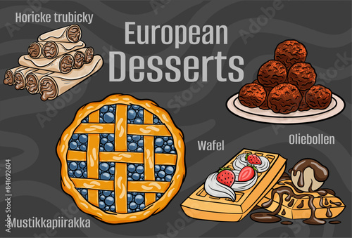 Popular desserts and sweets of European cuisines. Hand-drawn vector illustration