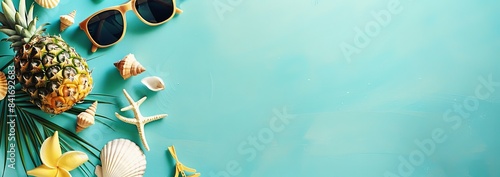 On a pastel mint blue wooden background, pineapples and sea life objects depict a tropical summer vacation. Banner made from pineapples and sea life over a pastel mint blue wooden background. photo