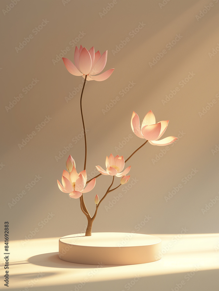 3D rendering product display platform in the lotus pond with natural light. Generative AI. 3D rendering product display platform in the lotus pond with natural light. Generative AI.