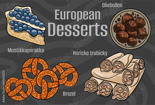 Popular desserts and sweets of European cuisines. Hand-drawn vector illustration
