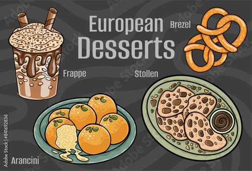 Popular desserts and sweets of European cuisines. Hand-drawn vector illustration