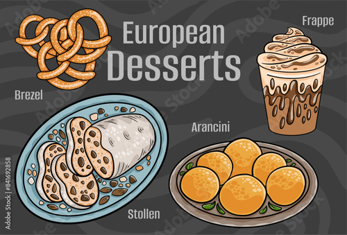 Popular desserts and sweets of European cuisines. Hand-drawn vector illustration