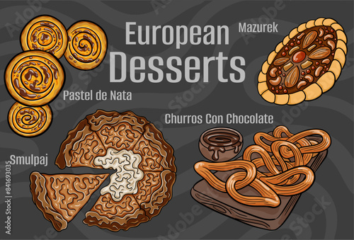 Popular desserts and sweets of European cuisines. Hand-drawn vector illustration