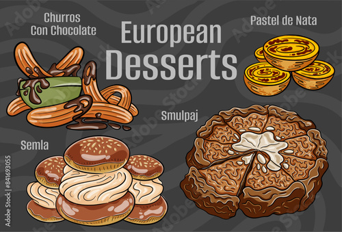 Popular desserts and sweets of European cuisines. Hand-drawn vector illustration