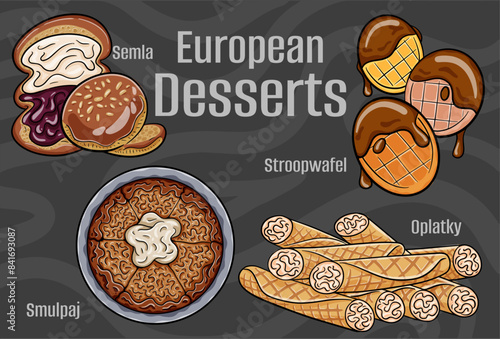 Popular desserts and sweets of European cuisines. Hand-drawn vector illustration