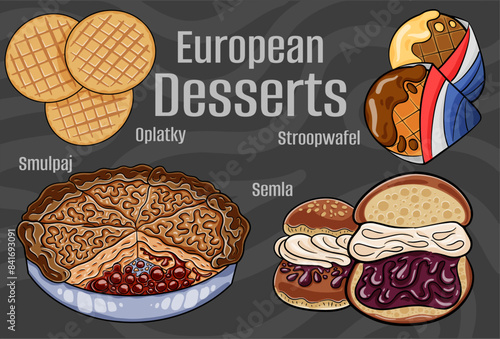 Popular desserts and sweets of European cuisines. Hand-drawn vector illustration