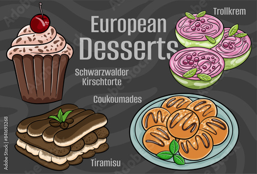 Popular desserts and sweets of European cuisines. Hand-drawn vector illustration