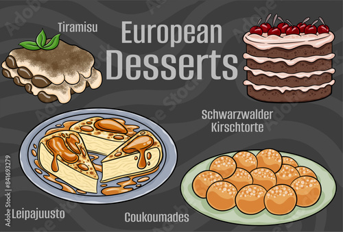 Popular desserts and sweets of European cuisines. Hand-drawn vector illustration