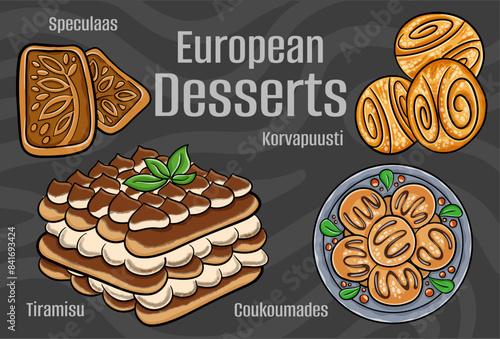 Popular desserts and sweets of European cuisines. Hand-drawn vector illustration