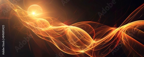 Abstract golden wavy shape emerging from a bright light source on a dark background