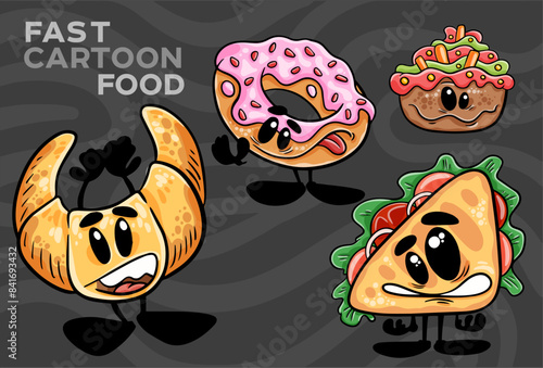 A set of fast-food cartoon characters. Hand-drawn vector illustration