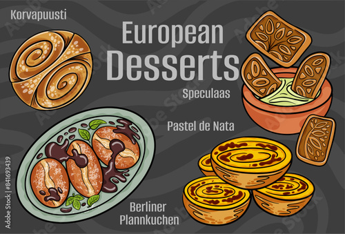 Popular desserts and sweets of European cuisines. Hand-drawn vector illustration