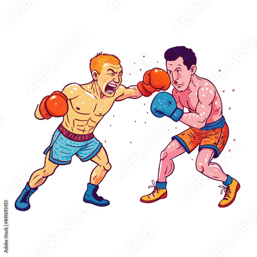 two boxers fight on a white background, one throws the other