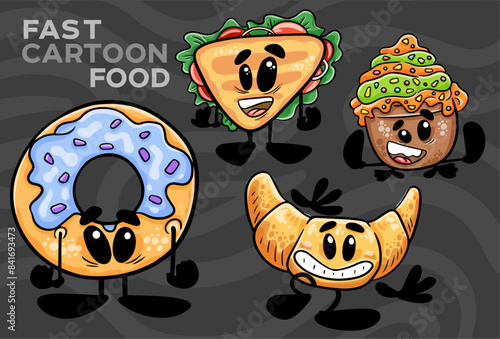 A set of fast-food cartoon characters. Hand-drawn vector illustration