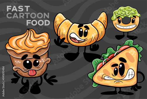 A set of fast-food cartoon characters. Hand-drawn vector illustration