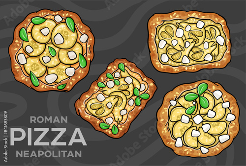 Pizza Gorgonzola with pear, walnuts, syringa sauce, truffle oil. Hand-drawn vector illustration