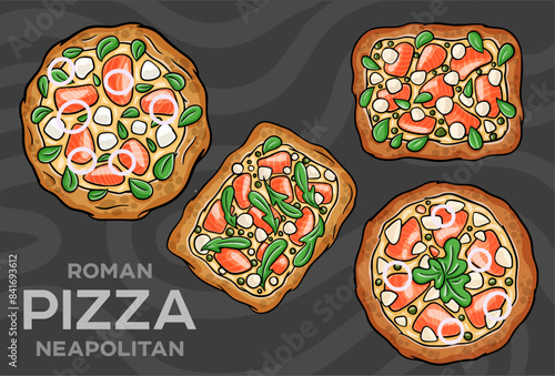  Philadelphia pizza with salmon, shrimps, tomatoes, mozzarella, capers, Philadelphia cheese. Hand-drawn vector illustration