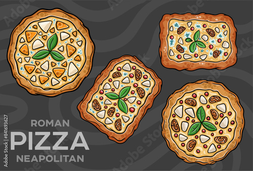 Pizza Four Cheese with smoked suluguni, gorgonzola, mozzarella, mountain ash, walnuts, honey, basil. Hand-drawn vector illustration