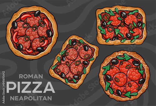 Pizza Diavolo with chorizo, rucola, jalapeno, chili, kalamata, pesto. Hand-drawn vector illustration