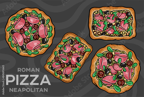 Pizza with roast beef and artichokes, jalapenos, chili, mozzarella, pesto. Hand-drawn vector illustration