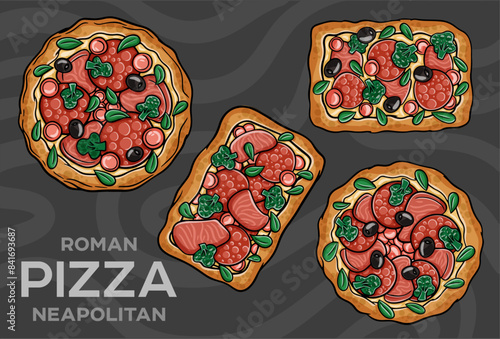 Pizza with salami, ham, vienna sausages, kalamata, olives, broccoli, pelati, pesto. Hand-drawn vector illustration photo