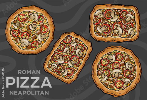 BBQ pizza with pork, chicken, bell pepper, barbecue sauce, mushroom, pesto. Hand-drawn vector illustration