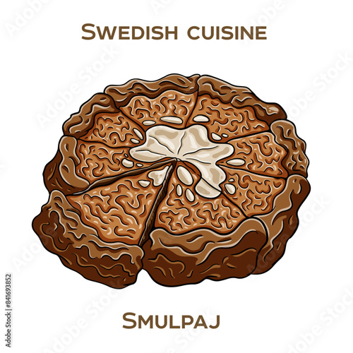 Smulpaj - A Swedish crumble pie made with a fruit filling and a crispy crumble topping. Hand-drawn vector illustration photo