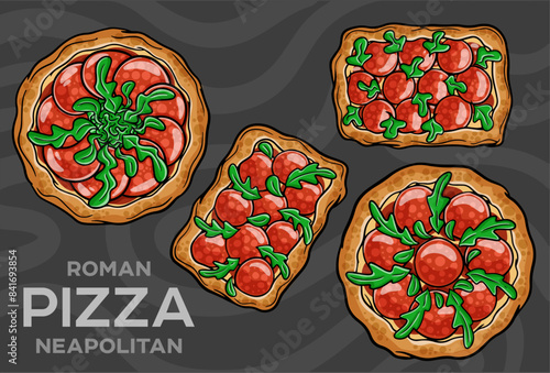 Salami pizza, bell pepper, rucola, kalamata, pesto, parmesan. Hand-drawn vector illustration