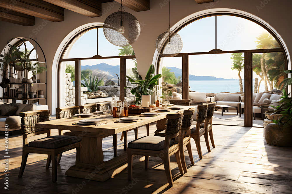 Obraz premium Bright spacious dining room with wooden big table and brown chair. Realistic interior decoration template pattern. Orange lanterns hang down and sunlight streams through clear glass windows view sea.
