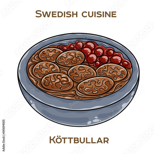 Köttbullar. Popular a Swedish dish. The meatballs of beef and pork. Hand-drawn vector illustration