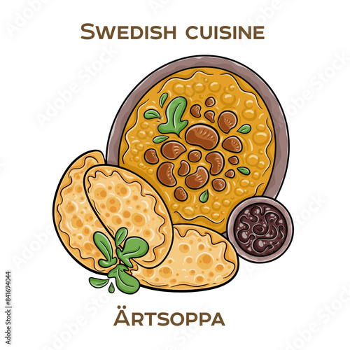 Artsoppa is a hearty yellow pea soup, traditionally served with thin, savory pancakes as a comforting and satisfying meal. Hand-drawn vector illustration
