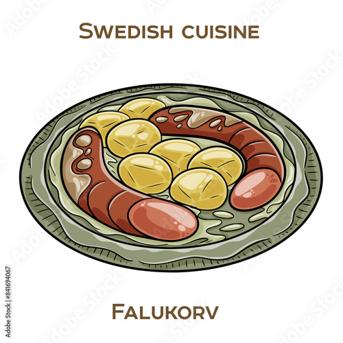 Falukorv is a popular Swedish sausage made from a blend of pork and beef or veal. Hand-drawn vector illustration photo