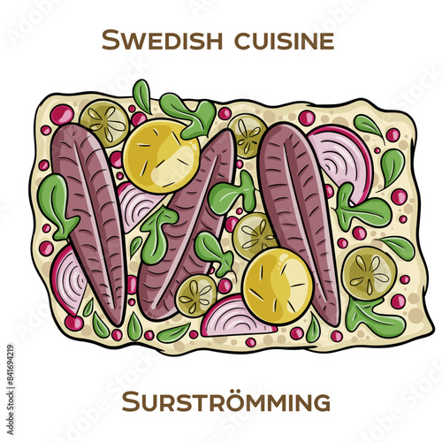 Surströmming is a notorious Swedish delicacy consisting of fermented Baltic Sea herring. Hand-drawn vector illustration
