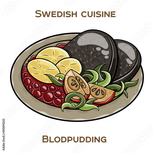 Blodpudding, also known as black pudding is a traditional Swedish dish made from a mixture of pork blood, pork fat, rye flour, and spices. Hand-drawn vector illustration