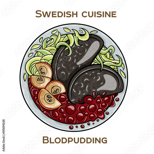 Blodpudding, also known as black pudding is a traditional Swedish dish made from a mixture of pork blood, pork fat, rye flour, and spices. Hand-drawn vector illustration