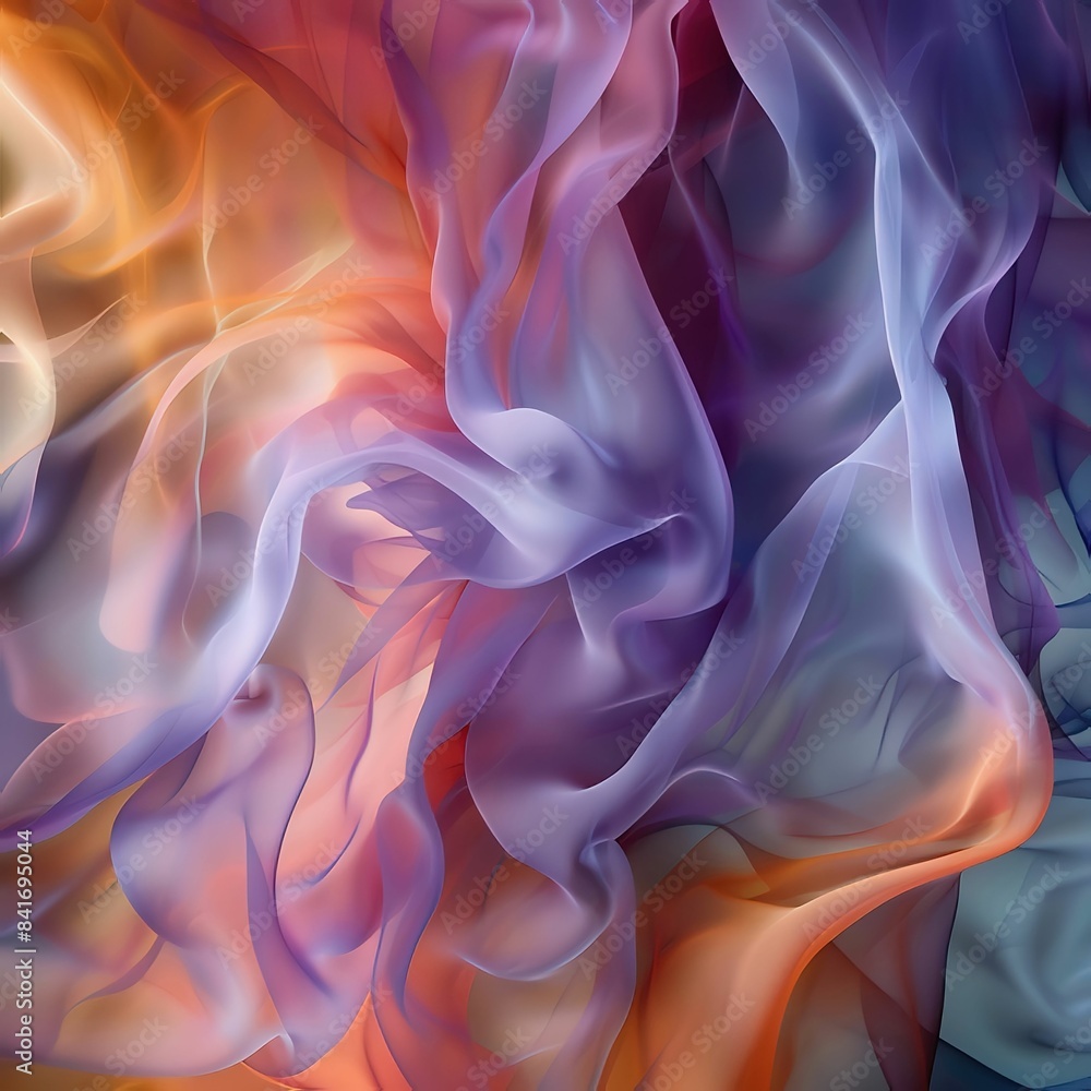 Obraz premium An abstract digital art piece featuring swirling colors and shapes, reminiscent of flowing fabric or smoke, creating an otherworldly atmosphere with soft lighting and a sense of movement. 