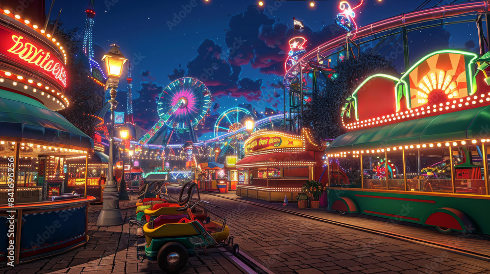 A neon-lit amusement park with a Ferris wheel and a carousel. Festival A neon-lit amusement park with a Ferris wheel and a carousel. Festival